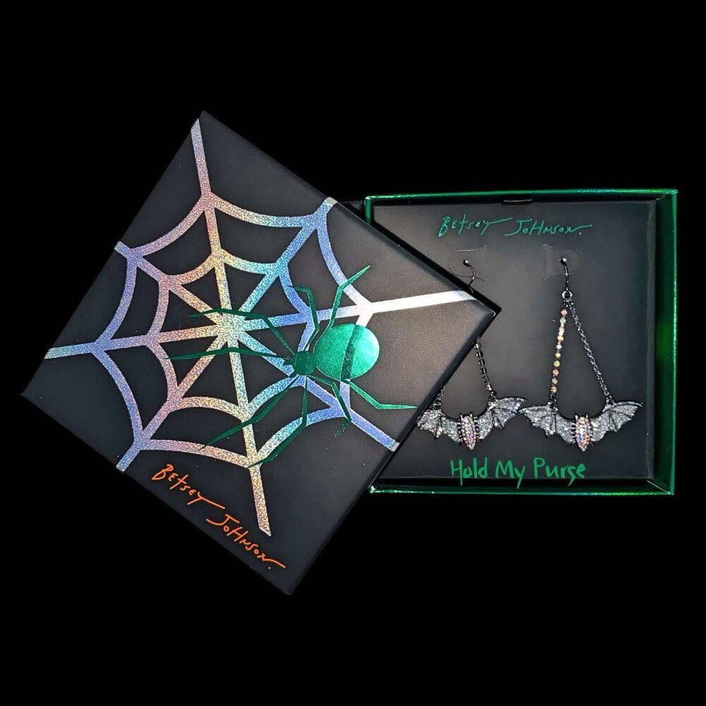 Betsey Johnson Halloween Iridescent Rhinestone Bat Goth Costume Earrings - Picture 6 of 6